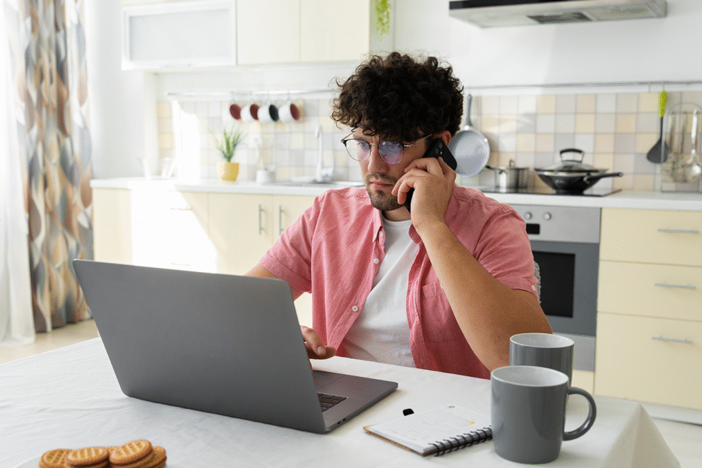 مردی در پشت مک که با تلفن هم صحبت می کند